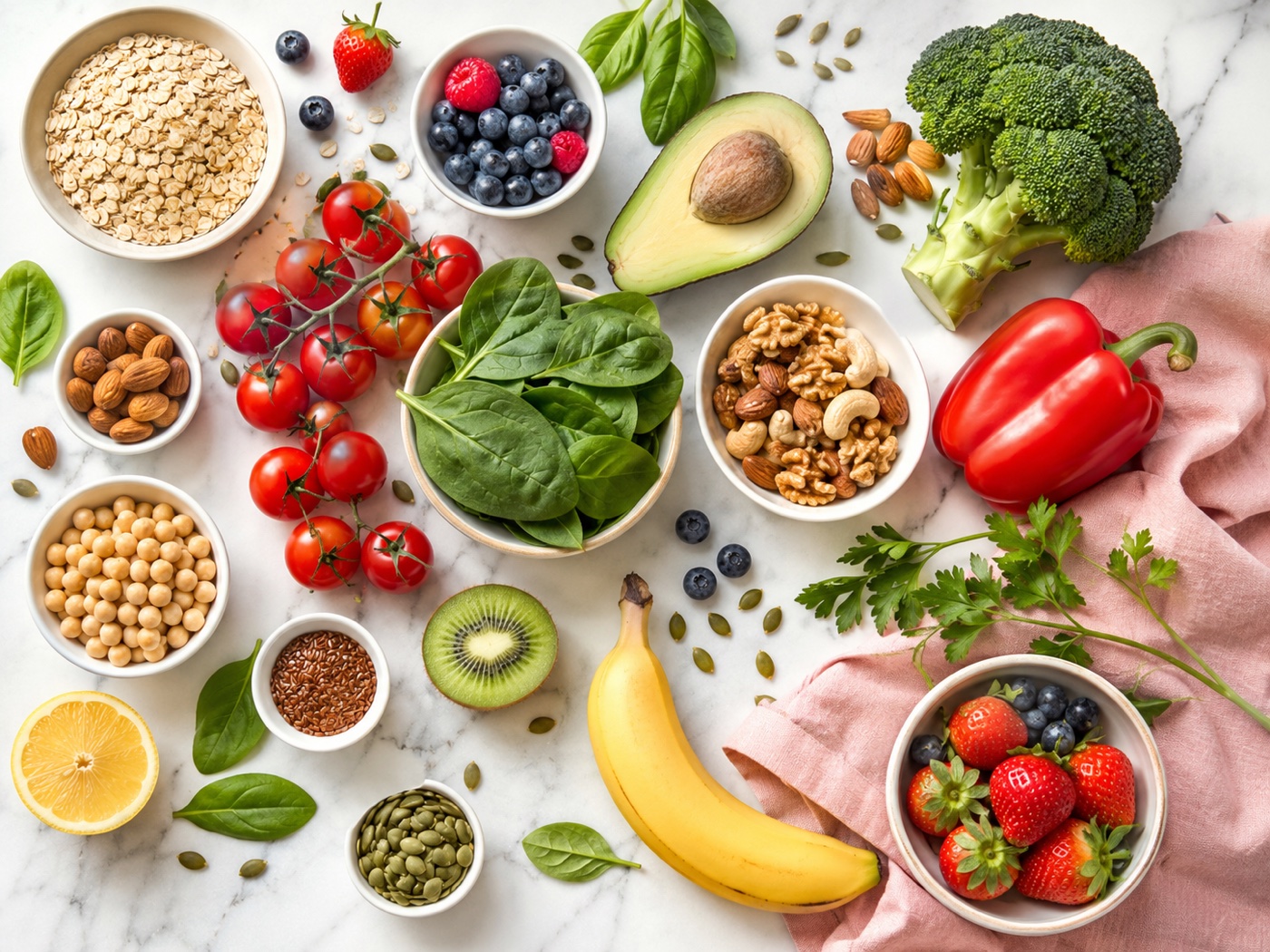 Frische gesunde Zutaten: Gemüse, Obst, Nüsse und Haferflocken – Ernährungsberatung bei Patty's Gym in Bremen-Findorff