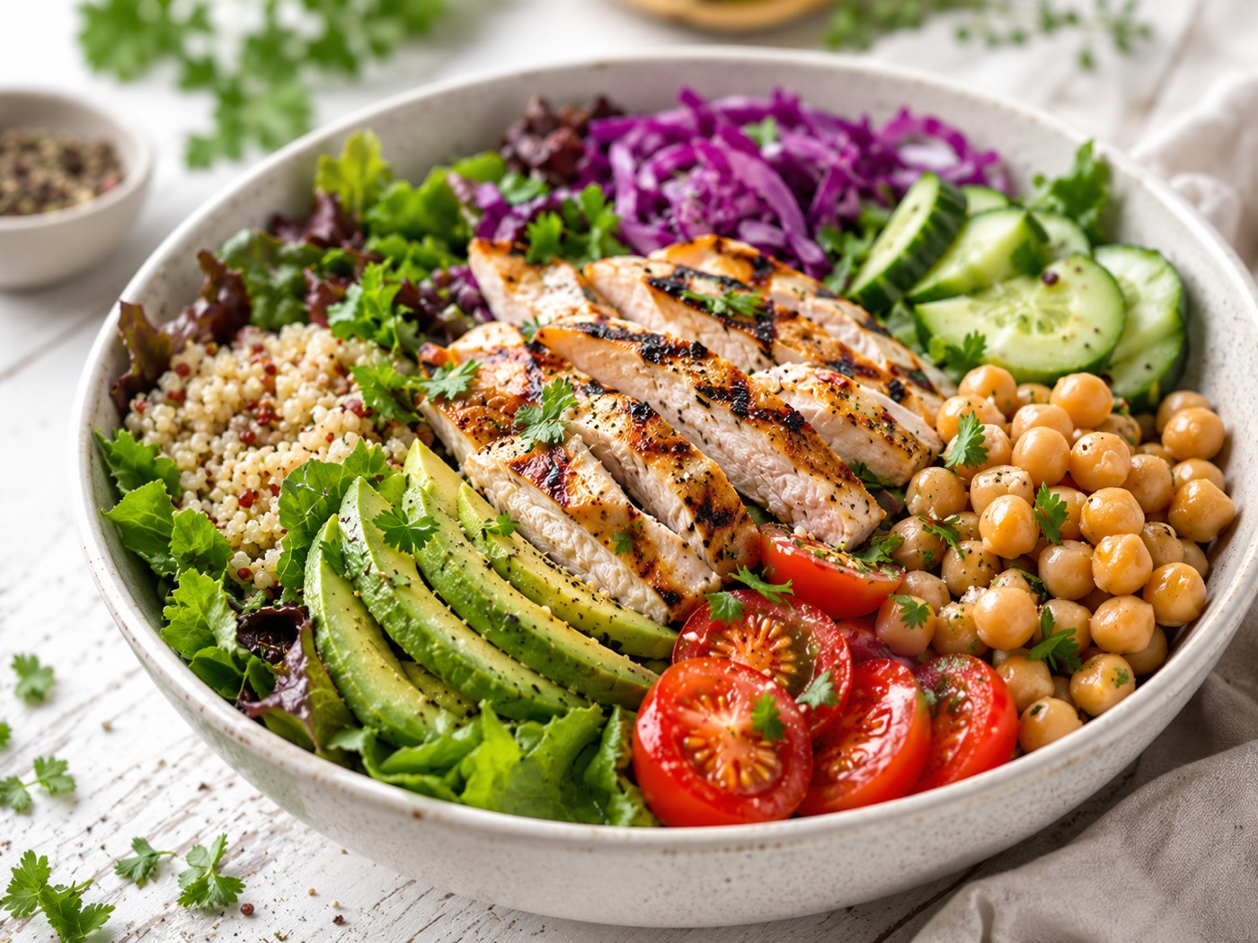 Frischer Salat-Bowl mit gegrilltem Hähnchen, Quinoa, Avocado und Kichererbsen – Ernährungsberatung bei Patty's Gym, Bremen-Findorff