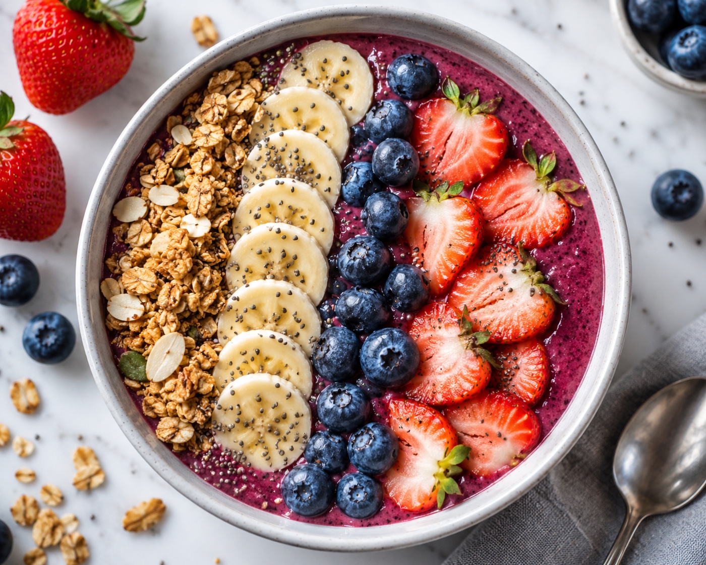Bunte Smoothie-Bowl mit Beeren, Banane, Granola und Chiasamen – gesunde Ernährung bei Patty's Gym, Bremen-Findorff